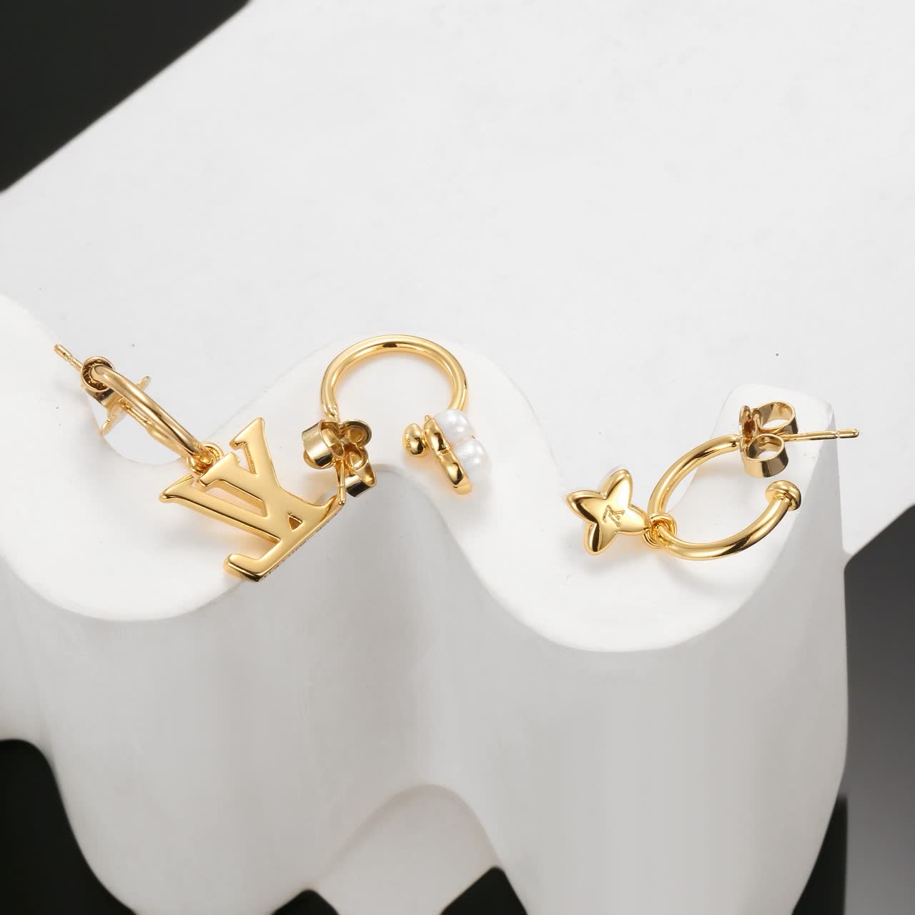 Louis Vuitton Gold Tone Logo & Pearl Flower Hoop Earrings